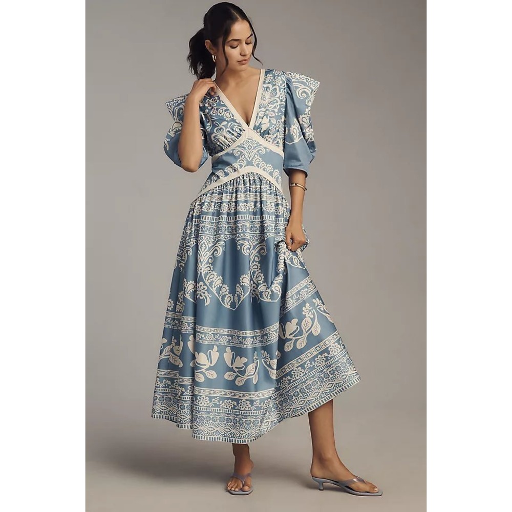 Farm Rio for Anthropologie Blue White Floral Woodcut Puff Sleeve Midi Dress‎ XS